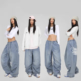 Stetnode outfit Blue Letter Printted Denim Top Sweatpants Suit Women Elastic Waist Street Loose Dance Hip Hop Street Trendy Retro Wide Leg Pants