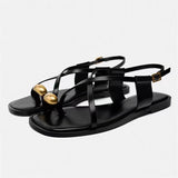 Stetnode Women Flip-flops Flat Sandals 2024 Summer Black Leather Metal Buckle Sandallias Female Outside Light Non-Slip Beach Shoes