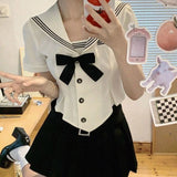 Stetnode nye outfits party outfits  White Navy Sailor Collar Blouse Short Sleeve Cute Top for Women Preppy Style Lolita Shirts Kawaii School Clothes Japan