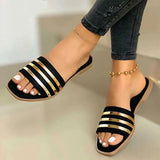 Stetnode Women Slippers 2024 New Metal Striped Summer Flat Shoes Fashion Slip on Slides Outdoor Female Casual Women Sandals Plus Size 43