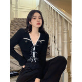 Stetnode Vintage Knitted Cardigan Women Bow V Neck Cropped Sweaters Korean Elegant Slim Knitwear Y2K Black Casual Jumpers Coats New