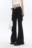 Stetnode back to school spring outfit Lorielle Solid Color Black Slim Skinny Multi-Pocket Micro Flared Pants