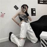 Stetnode Vintage Harajuku Hollow Out Wide Leg Pants Women High Waist Casual Korean Streetwear Cargo Pants Summer Hip Hop Gothic Pants New