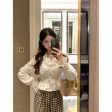 Stetnode Vintage Lace Shirts Women Sweet Bow Bandage Puff Long Sleeve Crop Tops Korean Elegant Ruffles V Neck Tunic Chic Blouses