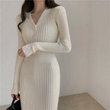 Stetnode Elegant Knitted Midi Dress Women High Waist V Neck A Line Dresses Autumn Winter Office Lady Korean Solid Slim Vestidos New