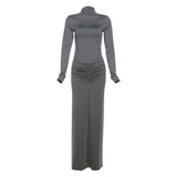 Stetnode Outfit Fashion Pleated Patchwork Long Dress Women High Waist Long Sleeve Solid Slim Party Dresses Autumn Female Maxi Dress Vestido