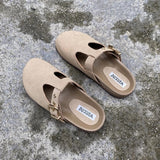 Stetnode Woman Fashion Cork Suede Mules Slipper Retro Round Toe Geboken Flat Shoes 2024 Autumn Thick Bottom Buckle Toe Half Slipper