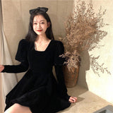 Stetnode Vintage Black Velvet Mini Dress Women Party Square Collar Dresses Ladies Korean Elegant Puff Long Sleeve Bodycon Vestidos