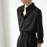 Stetnode Vintage Black Striped Shirts Women Office Long Sleeve Loose Casual Blouses Lady Korean Fashion Elegant Chic All Match Tops