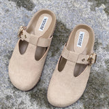 Stetnode Woman Fashion Cork Suede Mules Slipper Retro Round Toe Geboken Flat Shoes 2024 Autumn Thick Bottom Buckle Toe Half Slipper