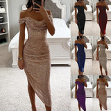 Stetnode outfit Sexy Asymmetrical Shinny Glitter Fold Long Dress Women Elegant Solid 2024 Winter Banquet Dresses One Shoulder Bodycon Party Robe