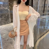 Stetnode Summer Women Blouse Puff Sleeve Long Chiffon Sunscreen Shirts Cardigan Black White Loose Casual Sun Protection Shirt Tops