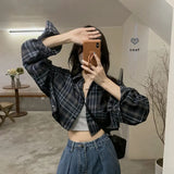 Stetnode Harajuku Crop Plaid Shirts Women Vintage Long Sleeve Loose Sunscreen Blouses Korean Fashion Casual All Match Top Thin Coat