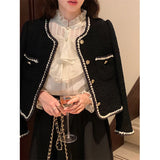 Stetnode Vintage Jackets Women Black Tweed Cropped Coat Korean Elegant Thicken Single Breasted Blazer Casual Short Outerwear Tops