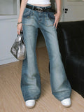 Stetnode back to school spring outfit Lexi Denim Blue Washed Rivet Micro Flared Low Rise Jeans Pants