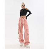 Stetnode back to school spring outfit Adeline Solid Color Straight Leg Multi-Pocket Belt High Waist Cargo Pants