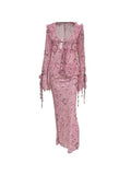 Stetnode Pink Vintage Wood Ear Print Long Skirt Suit Two Pieces