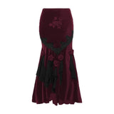 Stetnode Velvet embroidery flower applique lace hem ruched maxi skirt | victorian gothic dresses