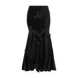 Stetnode Velvet embroidery flower applique lace hem ruched maxi skirt | victorian gothic dresses