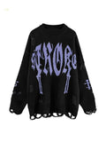 Stetnode Letter Jacquard Ripped Holes Pullover Sweater