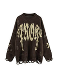 Stetnode Letter Jacquard Ripped Holes Pullover Sweater