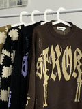 Stetnode Letter Jacquard Ripped Holes Pullover Sweater