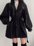 Stetnode Puff Sleeve Belted Woolen Coat