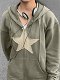 Stetnode Vintage Star Patch Baggy Zip Up Hoodie