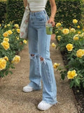 Stetnode Washed High Waist Knee Ripped Jeans